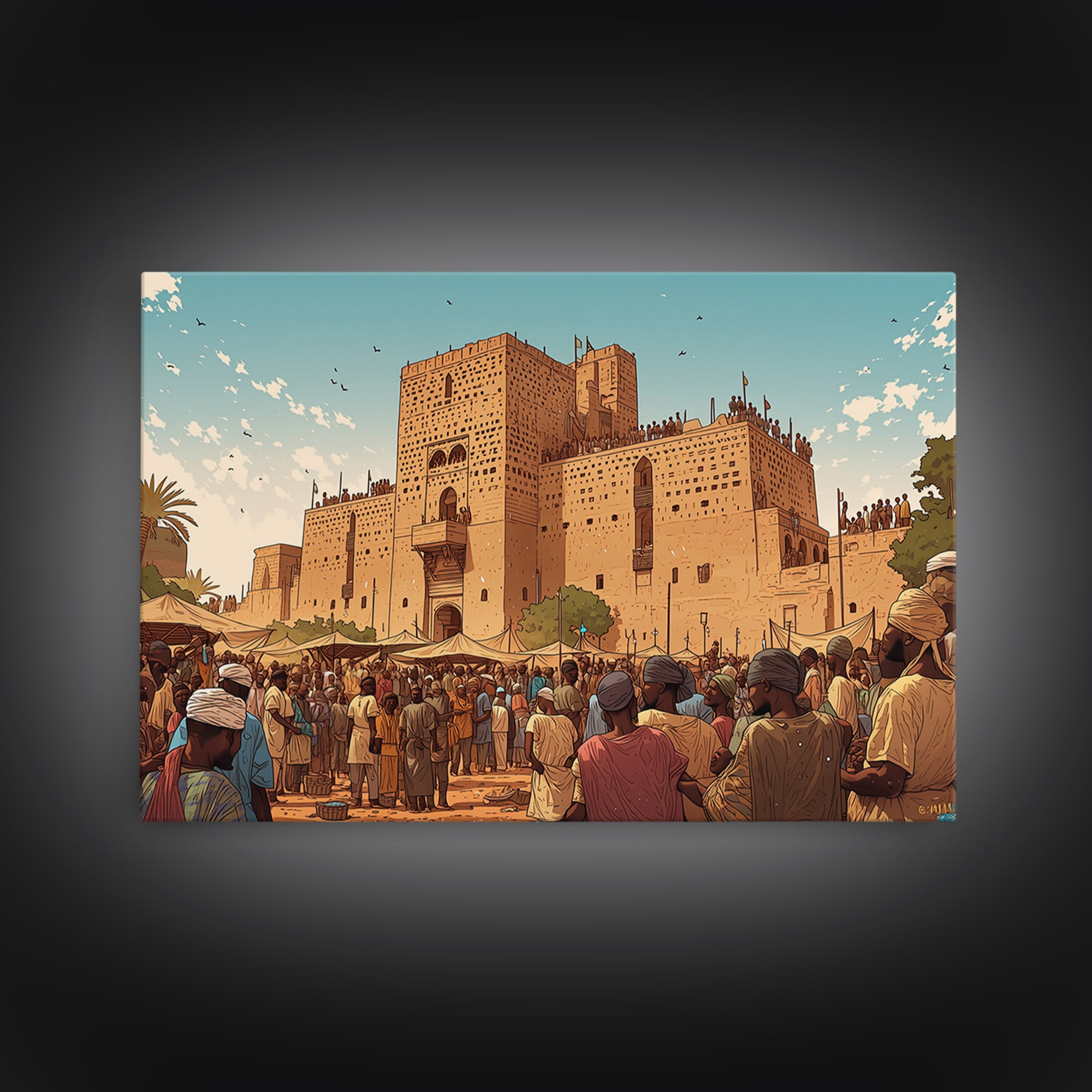 Adobe African Market Fortress Canvas Print, Cultural City Wall Art, West Africa Poster, Earth Tone Travel Home Decor Gift
