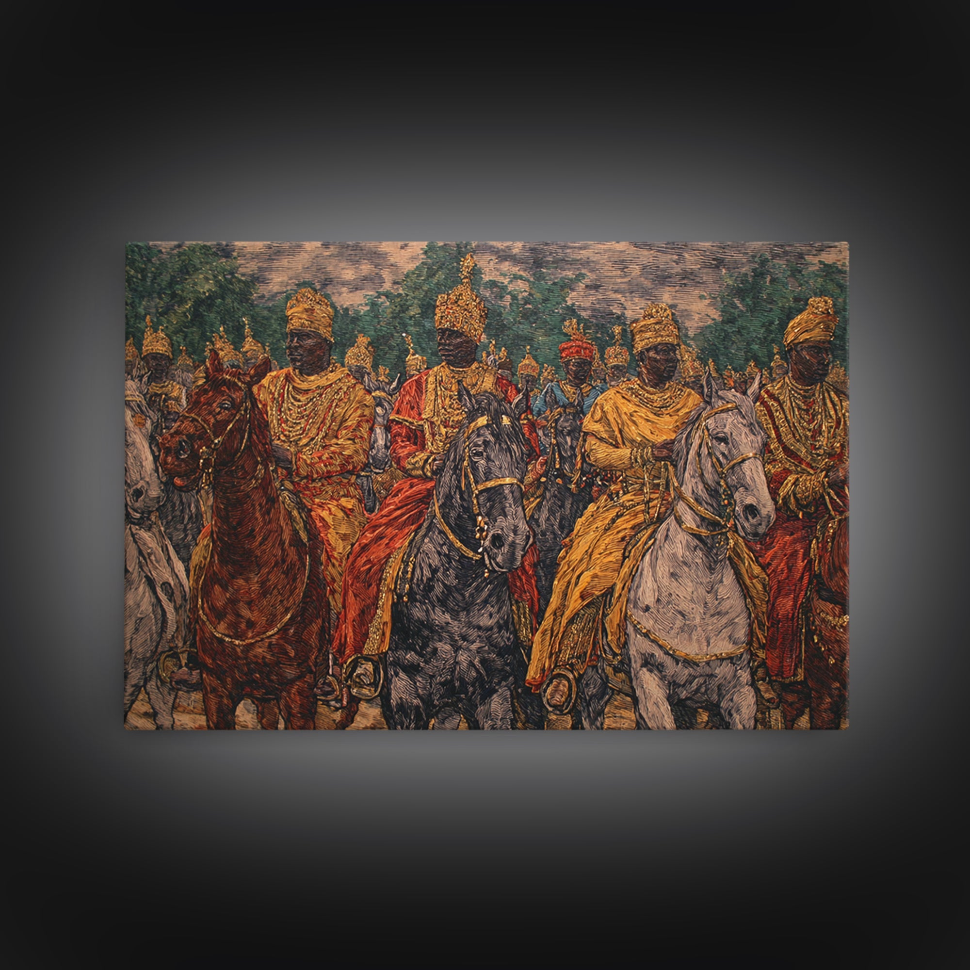 Regal African Horsemen Procession Wall Art, Royal Warrior Riders, Afrocentric Decor, Tribal History, Luxury Canvas Home Decor