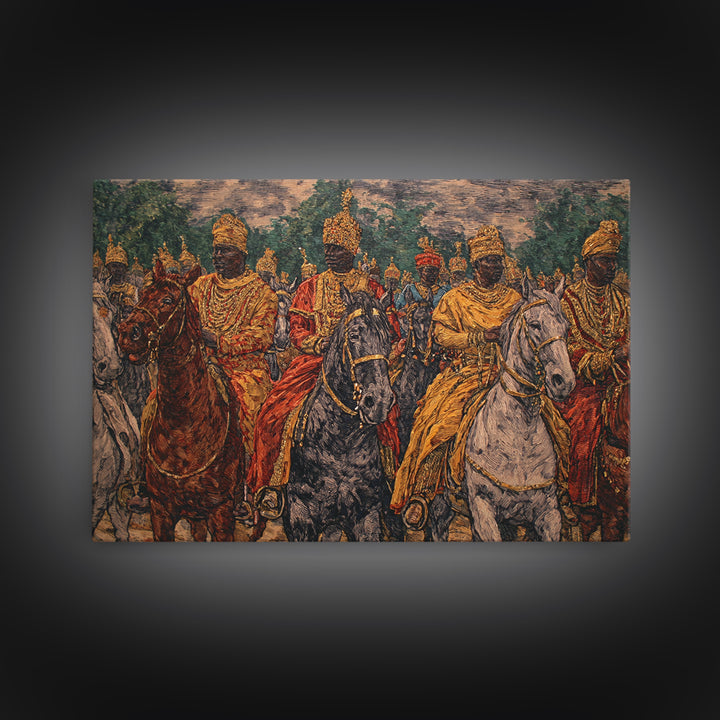 Regal African Horsemen Procession Wall Art, Royal Warrior Riders, Afrocentric Decor, Tribal History, Luxury Canvas Home Decor