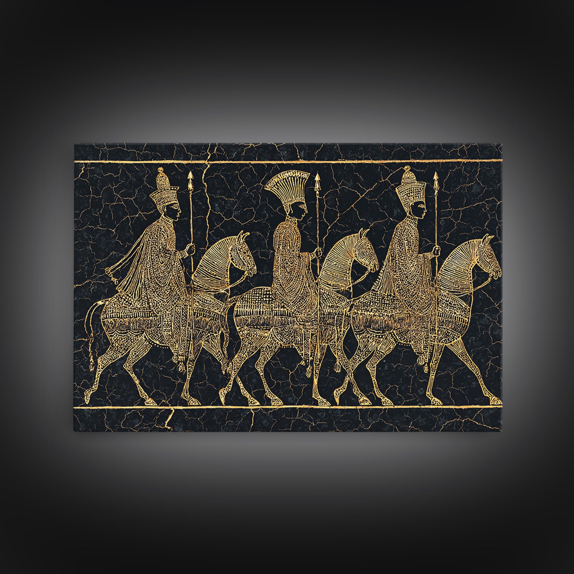 Ancient Gold African Horsemen Canvas Print, Black Tribal Line Art, Warrior Procession, Luxury Afrocentric Wall Decor, Statement Piece
