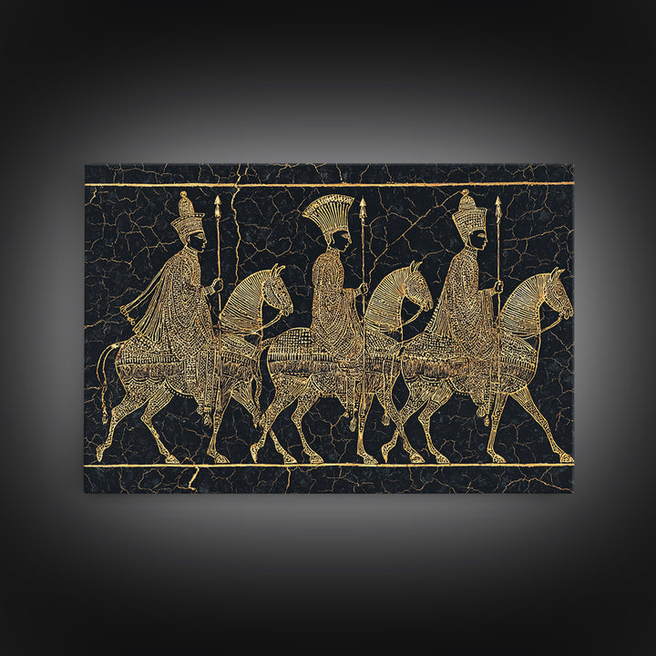 Ancient Gold African Horsemen Canvas Print, Black Tribal Line Art, Warrior Procession, Luxury Afrocentric Wall Decor, Statement Piece