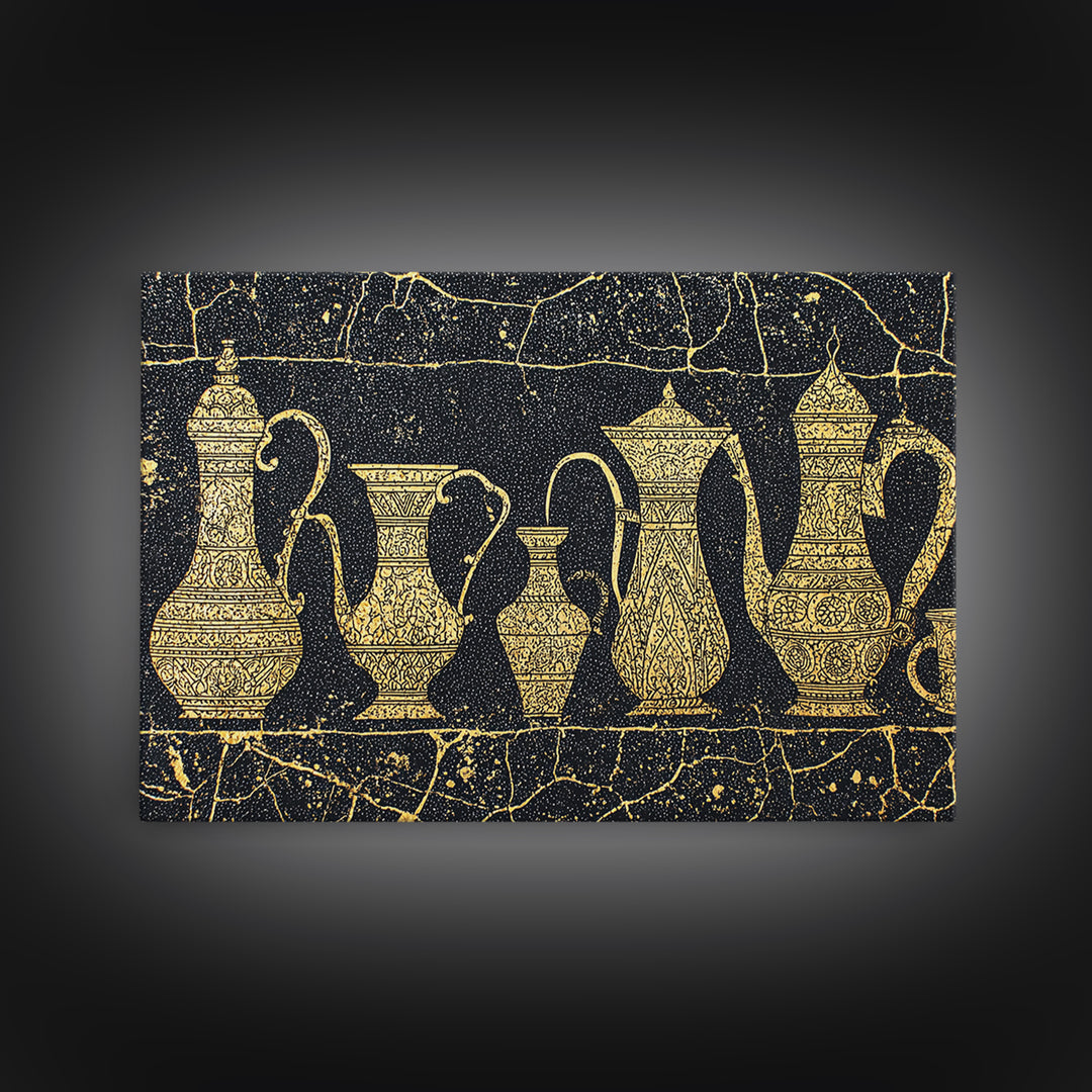 Gold African Coffee Pots Canvas Print, Ornate Black And Gold Design, Ethnic Kitchen Wall Decor, Luxury Cultural Art Gift