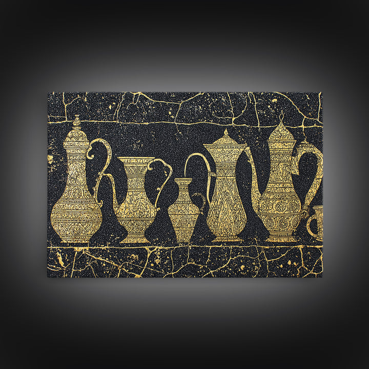 Gold African Coffee Pots Canvas Print, Ornate Black And Gold Design, Ethnic Kitchen Wall Decor, Luxury Cultural Art Gift