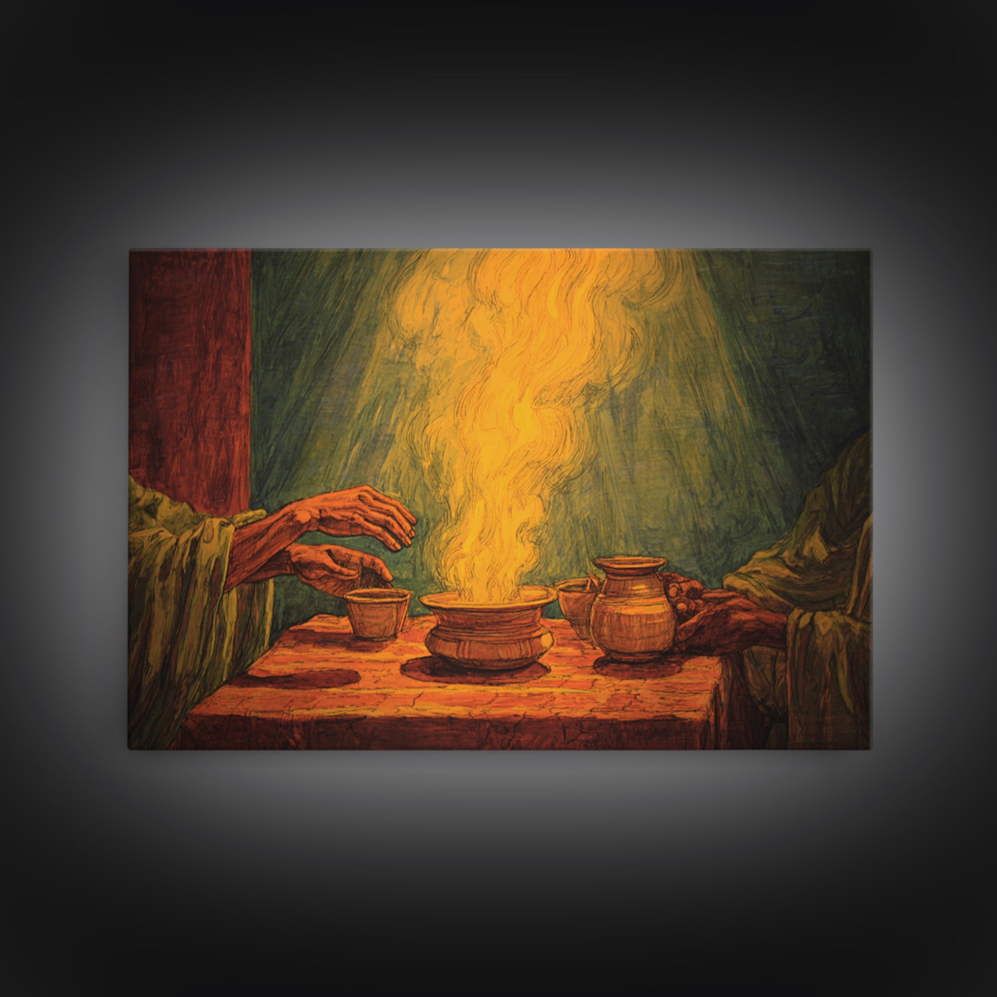 Glowing African Incense Ritual Canvas Print, Hands And Pottery, Spiritual Smoke Ceremony, Earth Tone Wall Decor, Cultural Gift