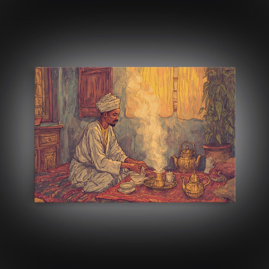 Seated African Tea Ceremony Framed Canvas Print, Spiritual Prayer Room Smoke, Traditional Interior, Afrocentric Wall Decor Gift