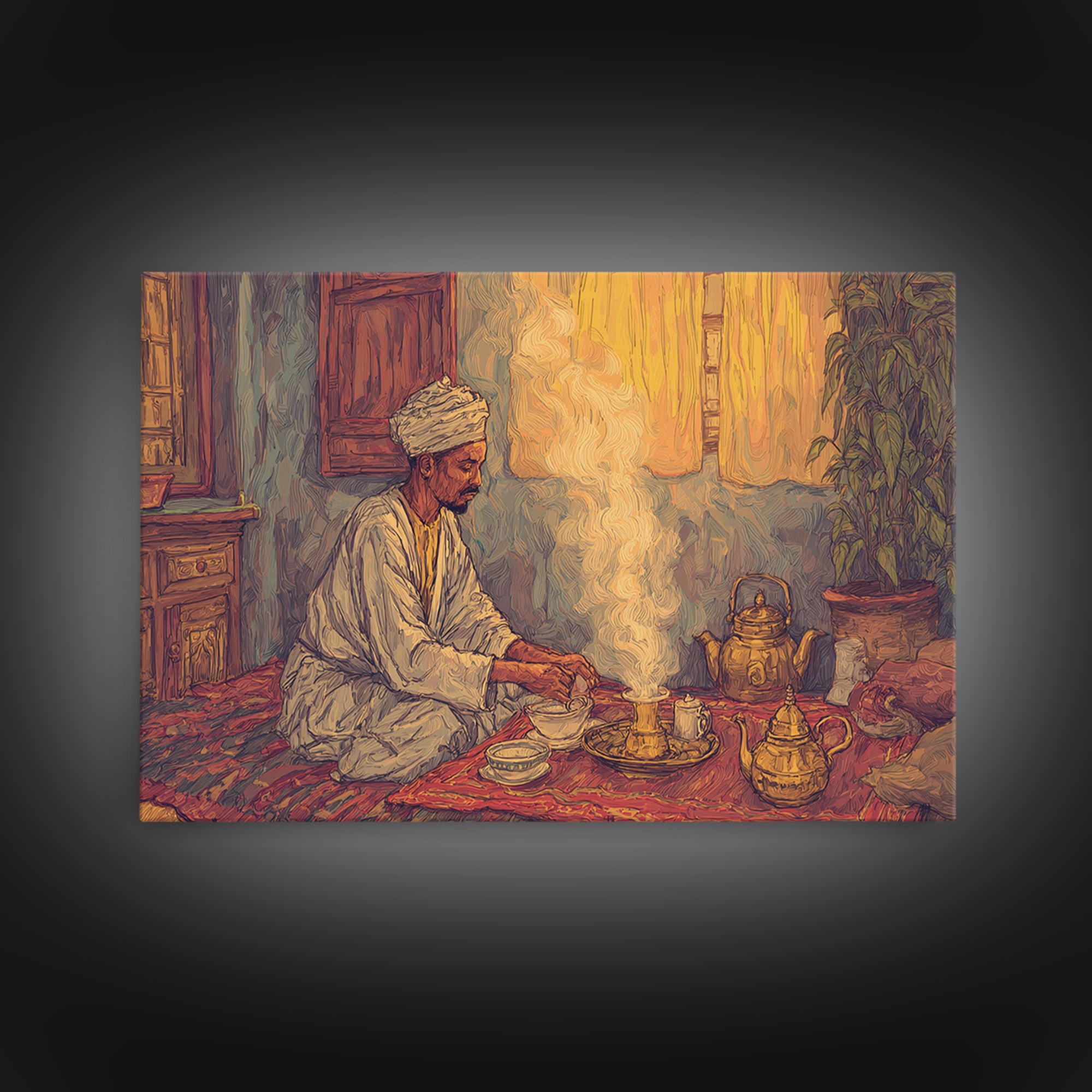 Seated African Tea Ceremony Framed Canvas Print, Spiritual Prayer Room Smoke, Traditional Interior, Afrocentric Wall Decor Gift