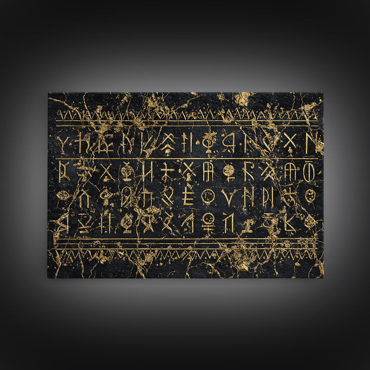 Black Gold Tribal Inscription Canvas Print, Ancient African Art, Textured Wall Decor, Ethnic Cultural Wall Art Gift For Him