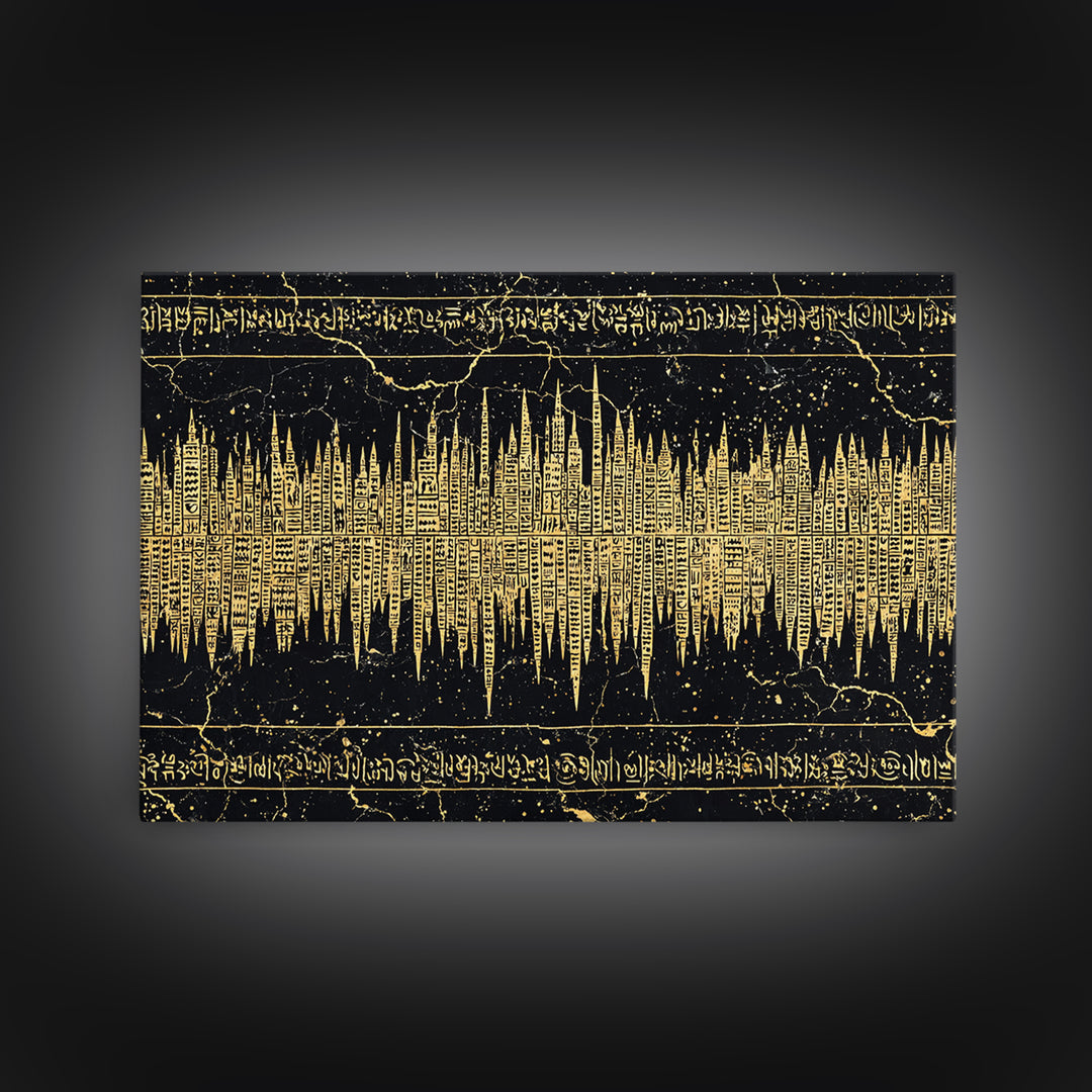 Golden Ancient Soundwave Script Wall Art, Black And Gold African Abstract, Spiritual Office Decor Framed Canvas Print Gift