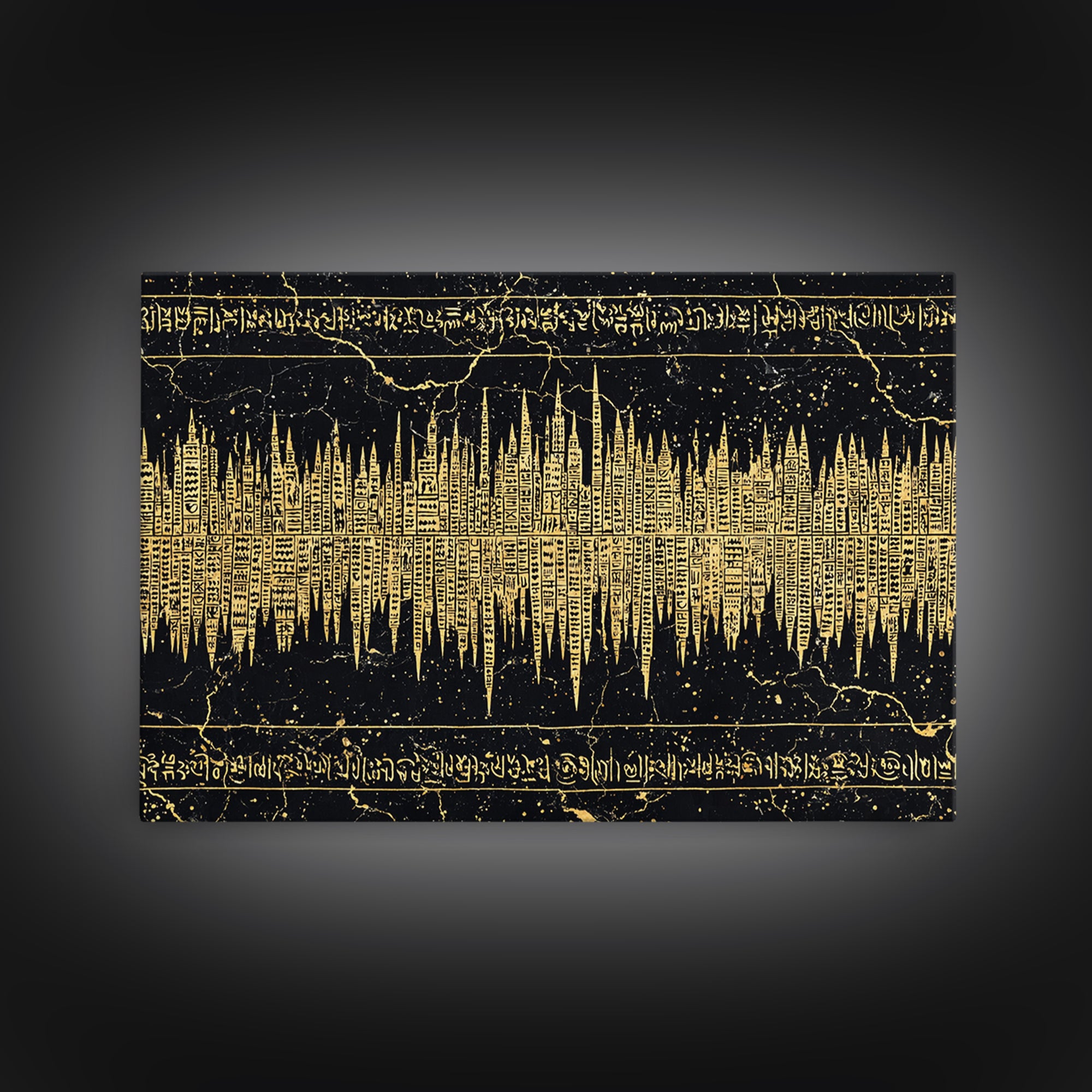 Golden Ancient Soundwave Script Wall Art, Black And Gold African Abstract, Spiritual Office Decor Framed Canvas Print Gift