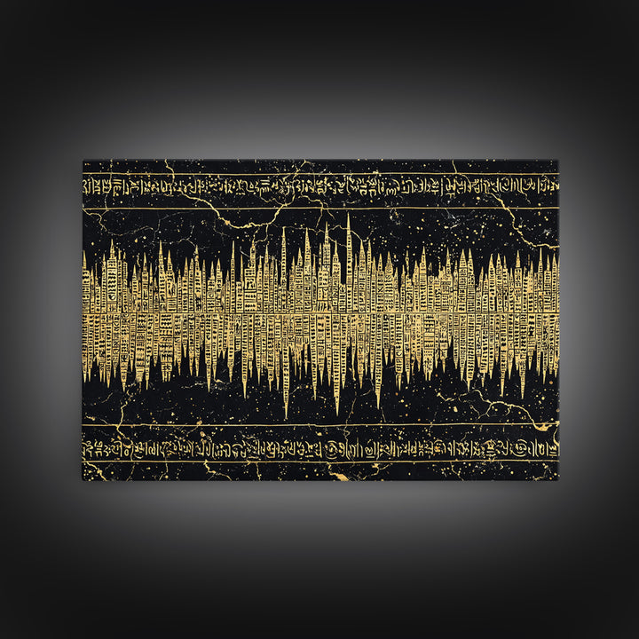 Golden Ancient Soundwave Script Wall Art, Black And Gold African Abstract, Spiritual Office Decor Framed Canvas Print Gift