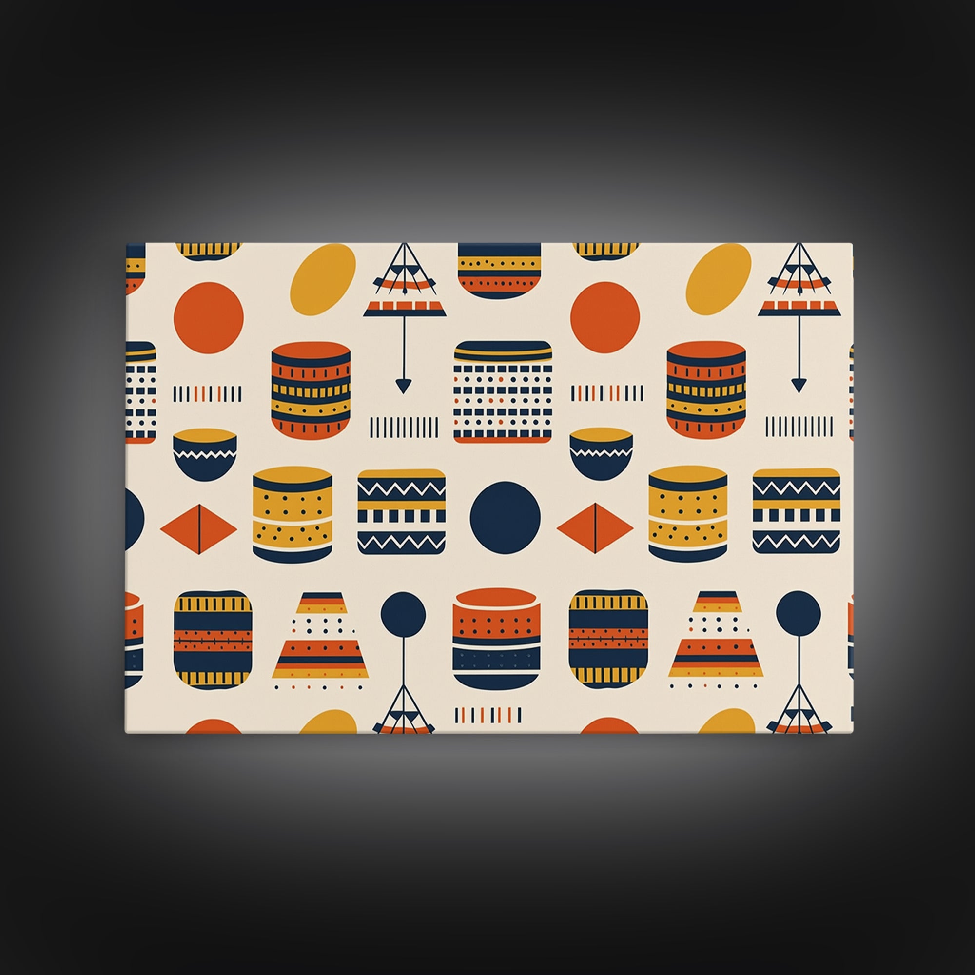 African Drum And Shield Pattern Wall Art, Ankara Inspired Geometric Decor, Tribal Fabric Style Framed Canvas Print Home Decor Gift