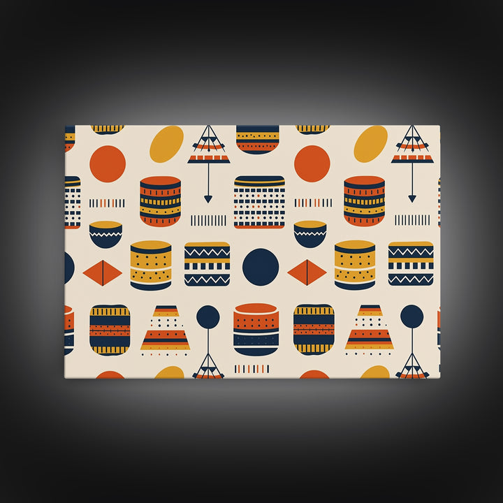 African Drum And Shield Pattern Wall Art, Ankara Inspired Geometric Decor, Tribal Fabric Style Framed Canvas Print Home Decor Gift