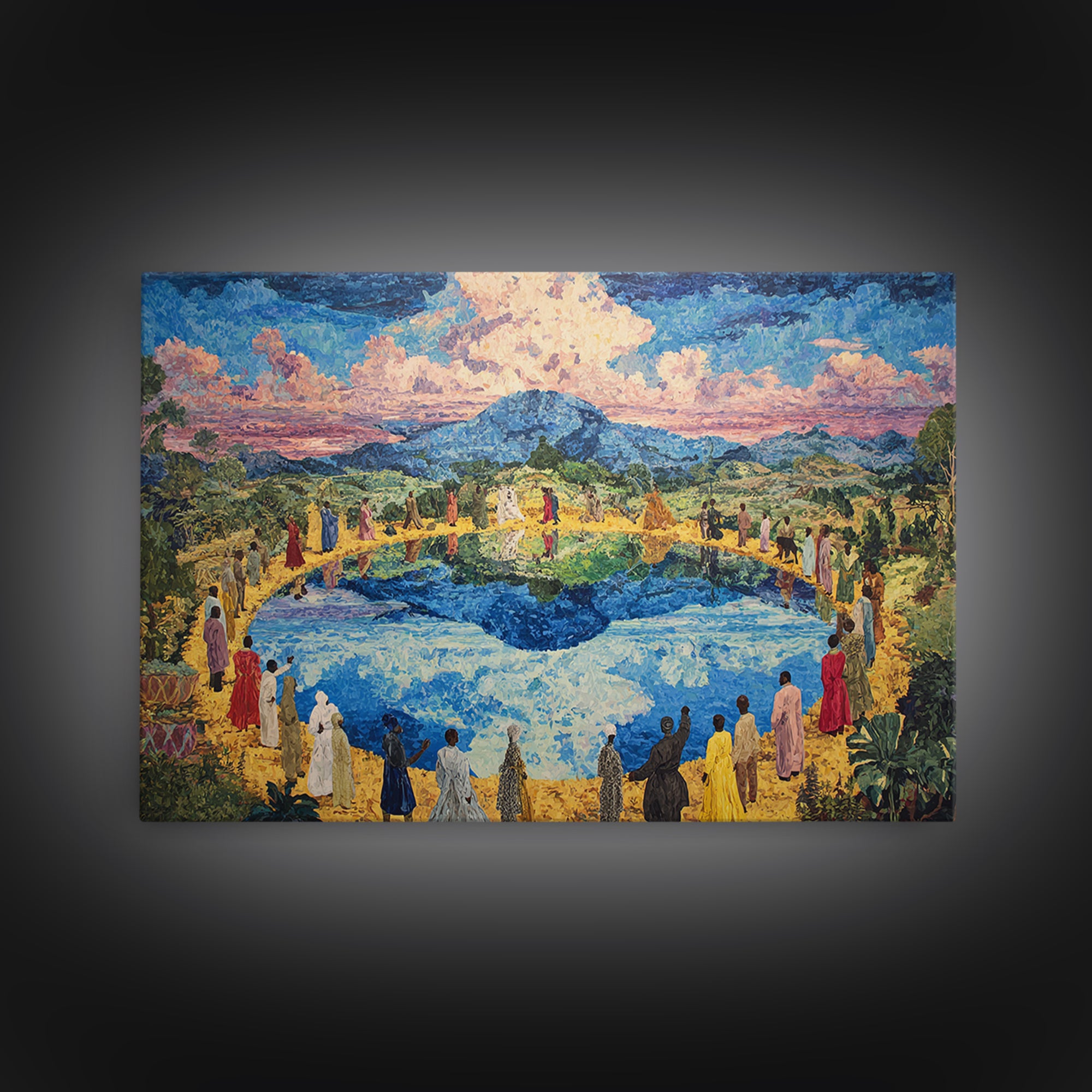 African Village Gathering By Blue Lake Wall Art, Colorful Landscape, Cultural Celebration, Large Living Room Canvas Print