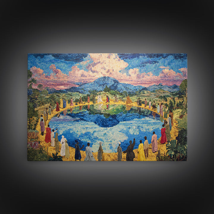 African Village Gathering By Blue Lake Wall Art, Colorful Landscape, Cultural Celebration, Large Living Room Canvas Print
