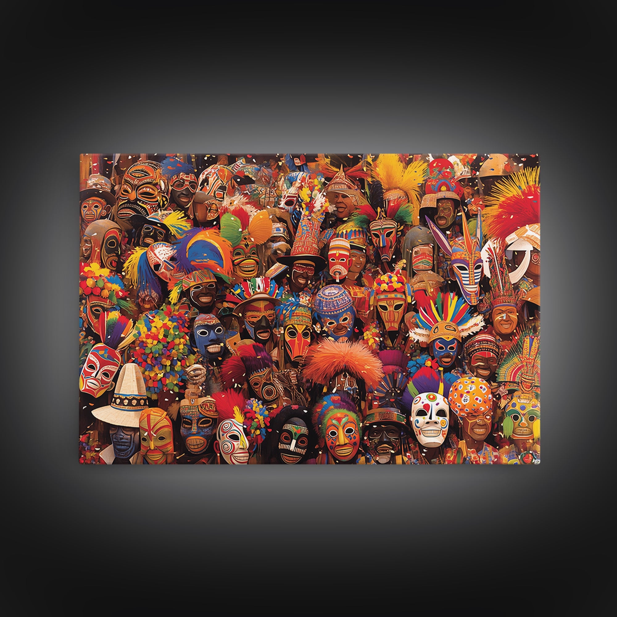 Festive African Carnival Mask Crowd Canvas Print, Colorful Tribal Wall Art, Afrocentric Celebration Decor, Black Culture Gift