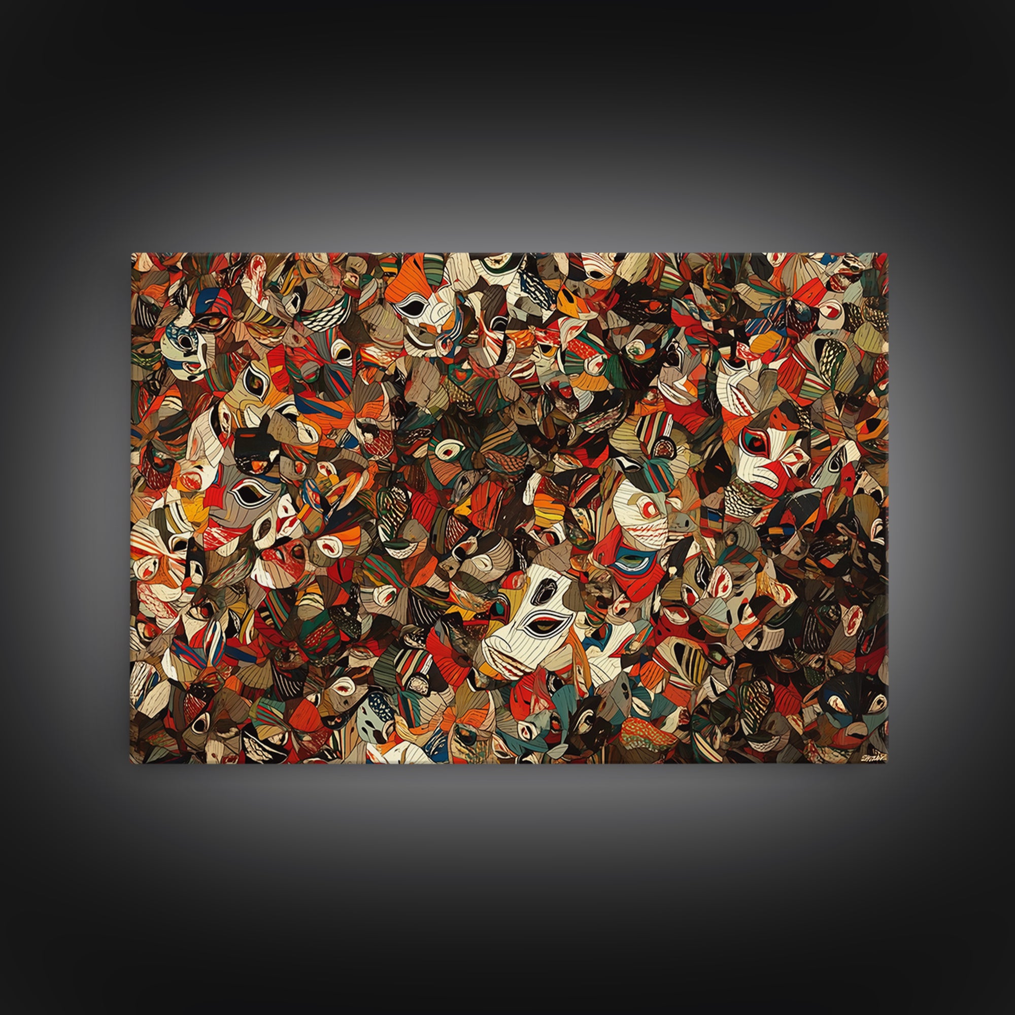 Dense African Tribal Mask Collage Wall Art, Abstract Ethnic Pattern, Afrocentric Decor, Bold Cultural Canvas Print Poster