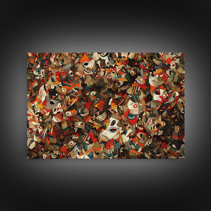 Dense African Tribal Mask Collage Wall Art, Abstract Ethnic Pattern, Afrocentric Decor, Bold Cultural Canvas Print Poster
