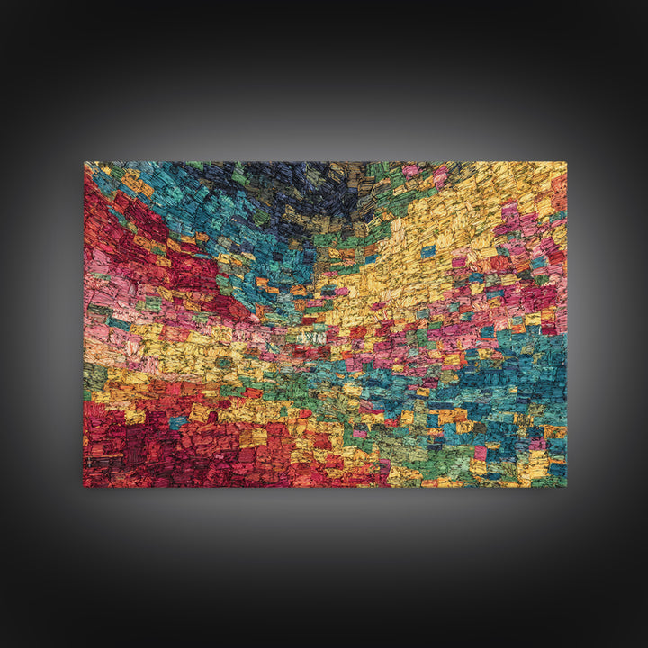 Colorful Mosaic Textile Landscape Wall Art, Abstract African Fabric Patterns, Modern Boho Decor, Textured Canvas Print Gift
