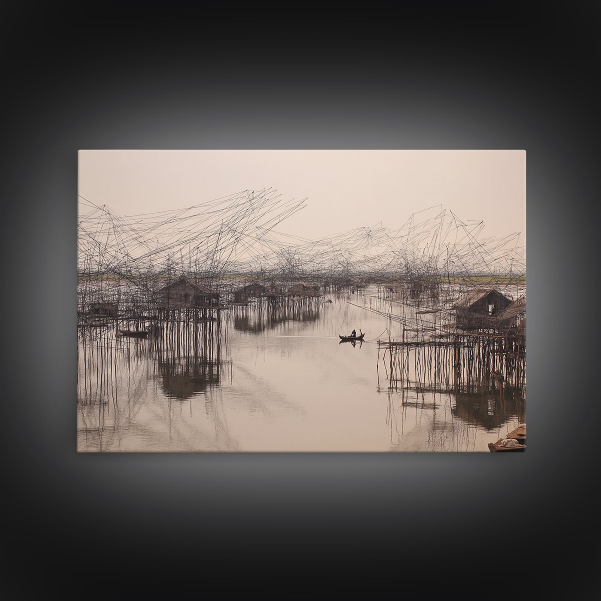 Sepia Stilt Fishing Village On Calm Water Wall Art, African Landscape, Coastal Home Decor, Serene Living Room Canvas Print