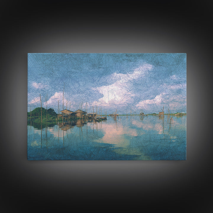 Blue Lagoon Stilt Houses Under Cloudy Sky Canvas Print, African Wall Art, Coastal Decor, Peaceful Lake Home Decor Art Gift