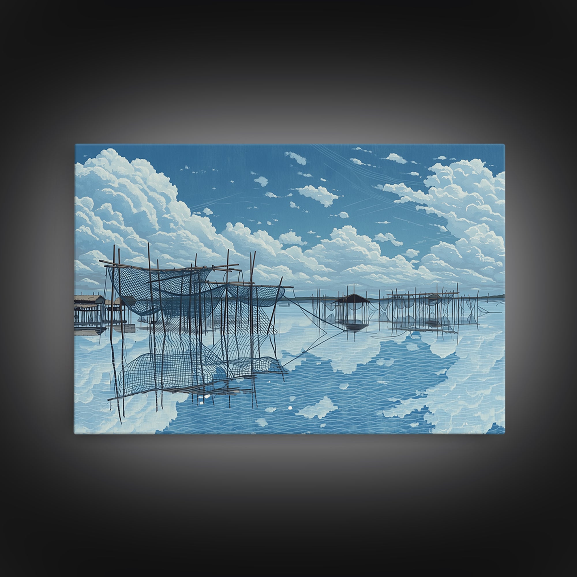 Bright Fishing Nets And Stilt Huts On Blue Lake Wall Art, African Landscape, Coastal Canvas Print, Serene Bedroom Decor Gift