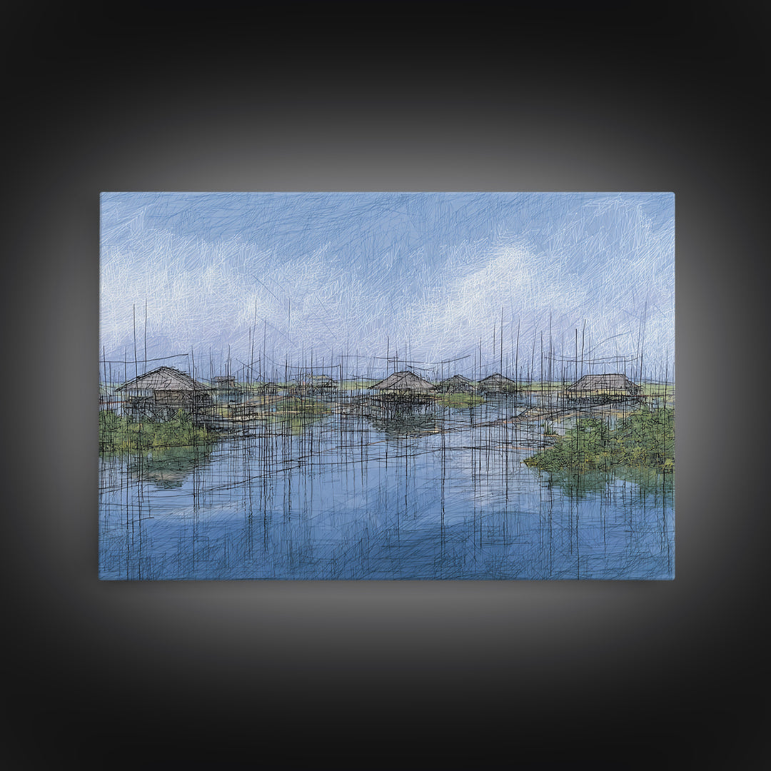 Rainy Wetland Stilt Huts With Blue Reflections Wall Art, African Landscape, Modern Coastal Decor, Peaceful Canvas Print Gift