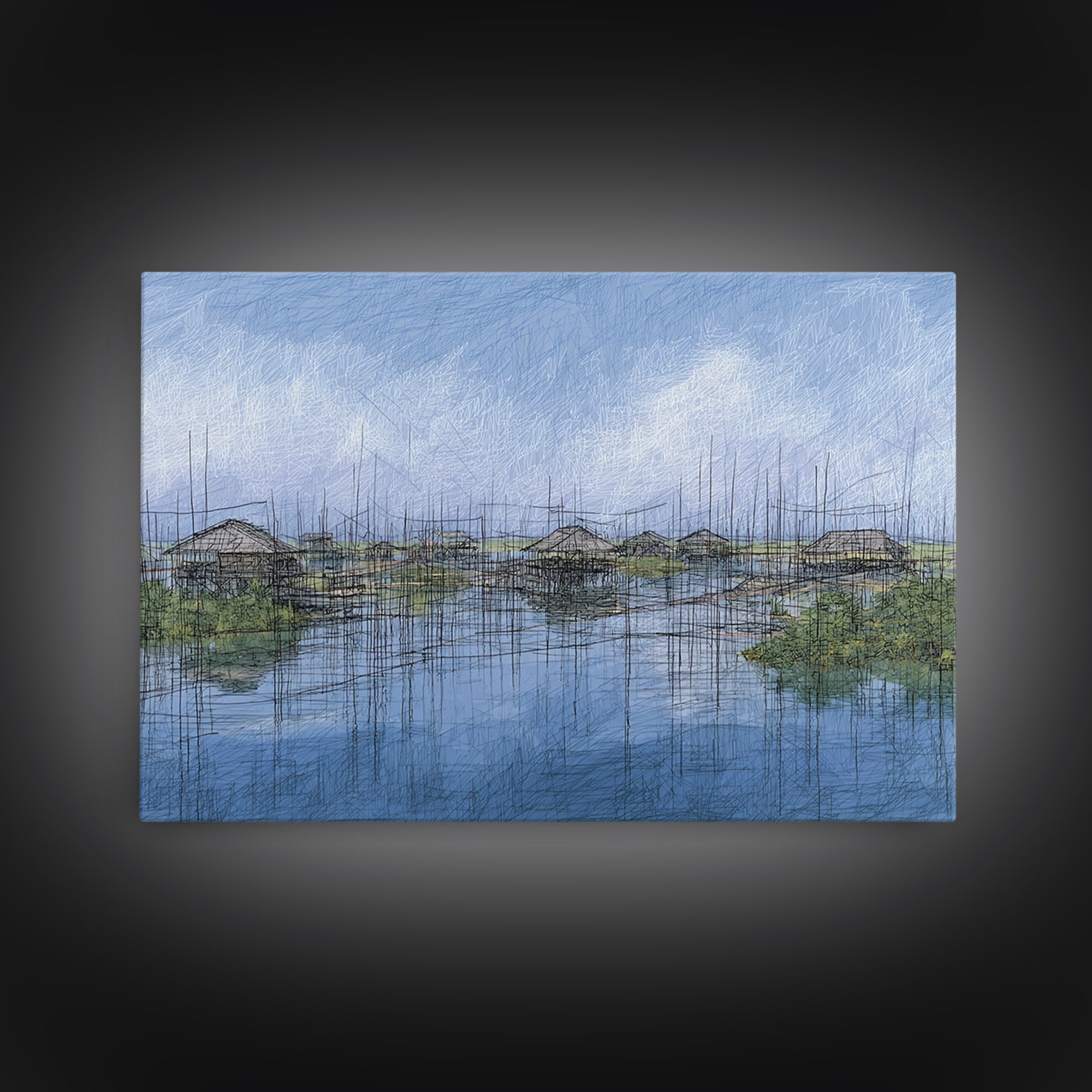 Rainy Wetland Stilt Huts With Blue Reflections Wall Art, African Landscape, Modern Coastal Decor, Peaceful Canvas Print Gift