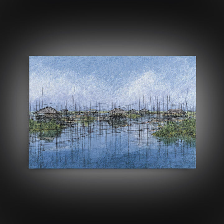 Rainy Wetland Stilt Huts With Blue Reflections Wall Art, African Landscape, Modern Coastal Decor, Peaceful Canvas Print Gift