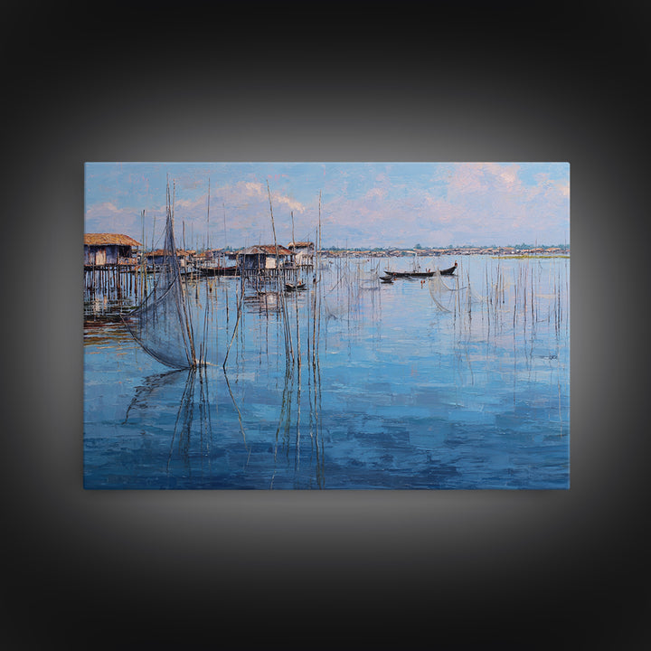 Painterly Blue Stilt Village With Small Boat Canvas Print, African Wall Art, Coastal Living Room Decor, Serene Lake Gift