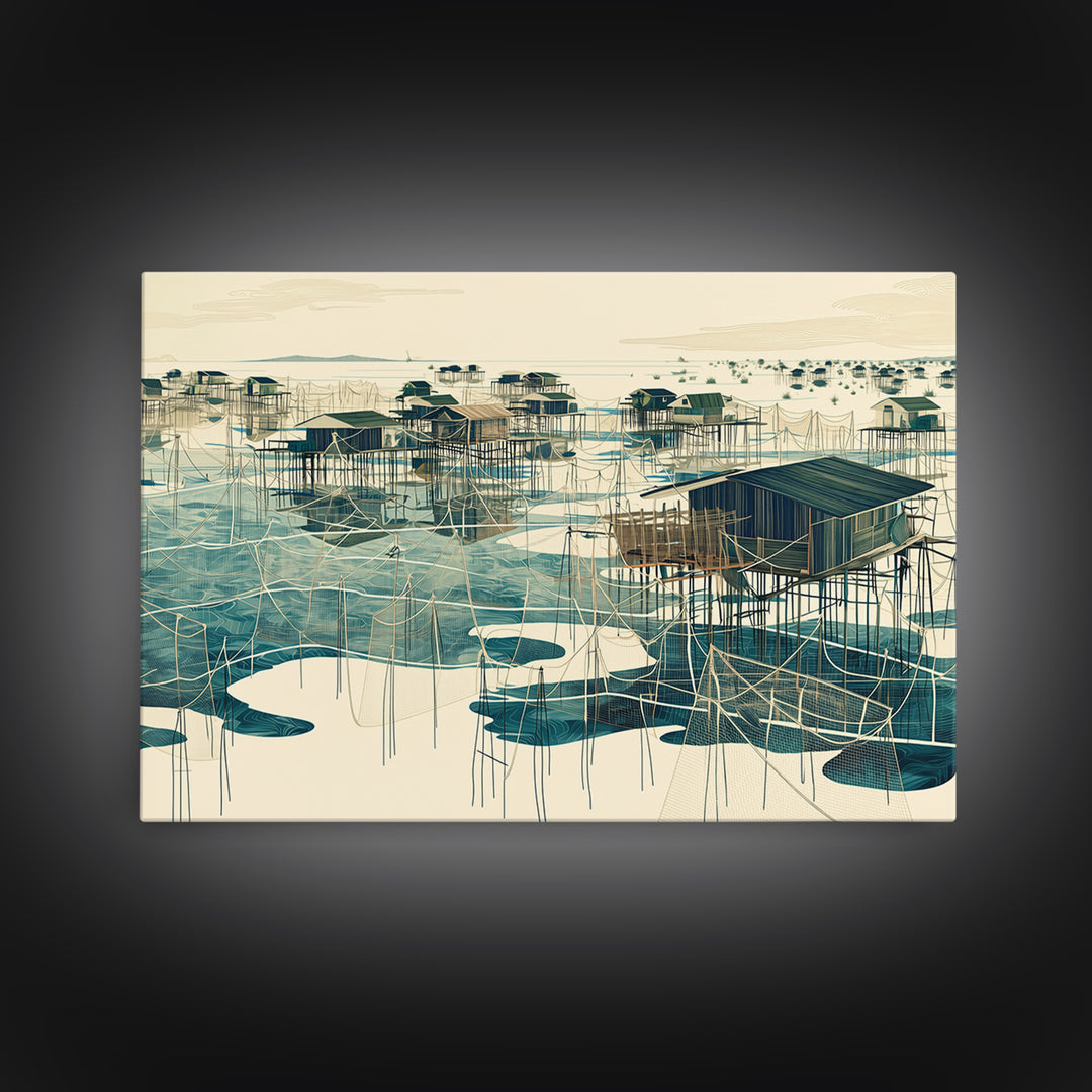 Graphic Stilt House Fishing Village Over Turquoise Water Wall Art, African Landscape, Modern Coastal Decor, Canvas Print Gift