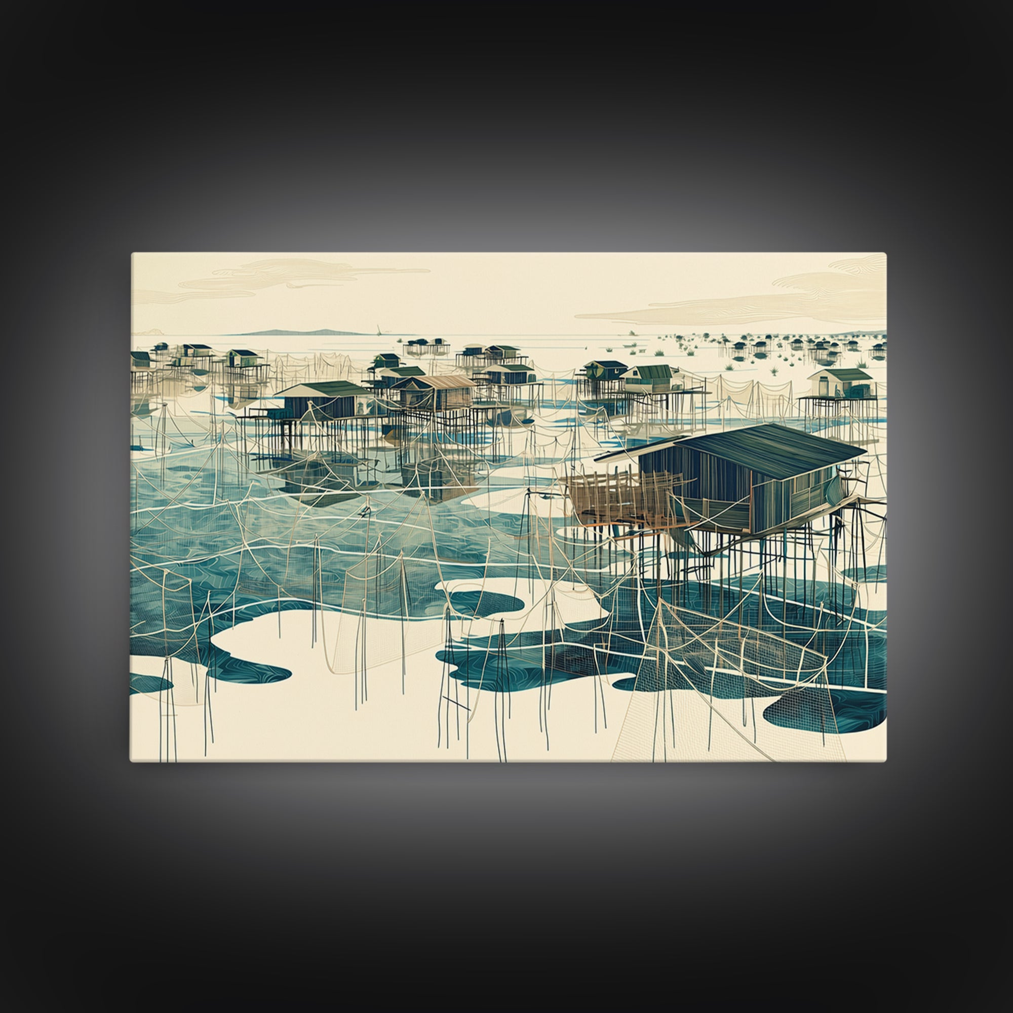 Graphic Stilt House Fishing Village Over Turquoise Water Wall Art, African Landscape, Modern Coastal Decor, Canvas Print Gift