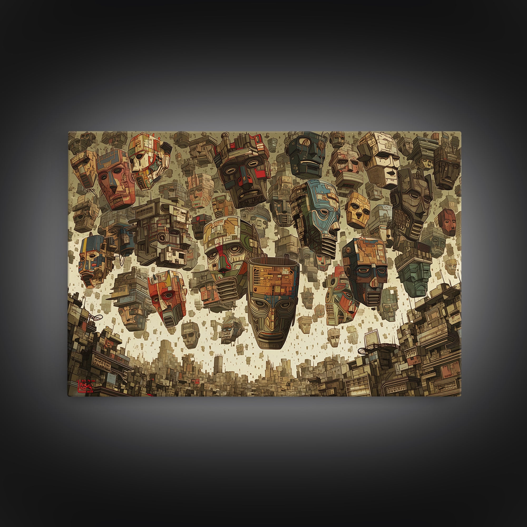 Floating Tribal Masks In Futuristic African City Framed Canvas Print, African Mask Art, Afrocentric Wall Decor, Bold Gift