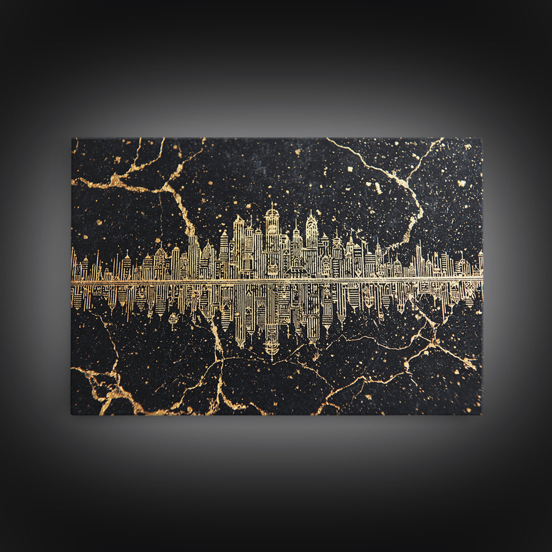 Gold Line Art Skyline Reflected On Black Marble Wall Art, Luxury Canvas Print, Modern Office Decor, Elegant Home Decor Gift