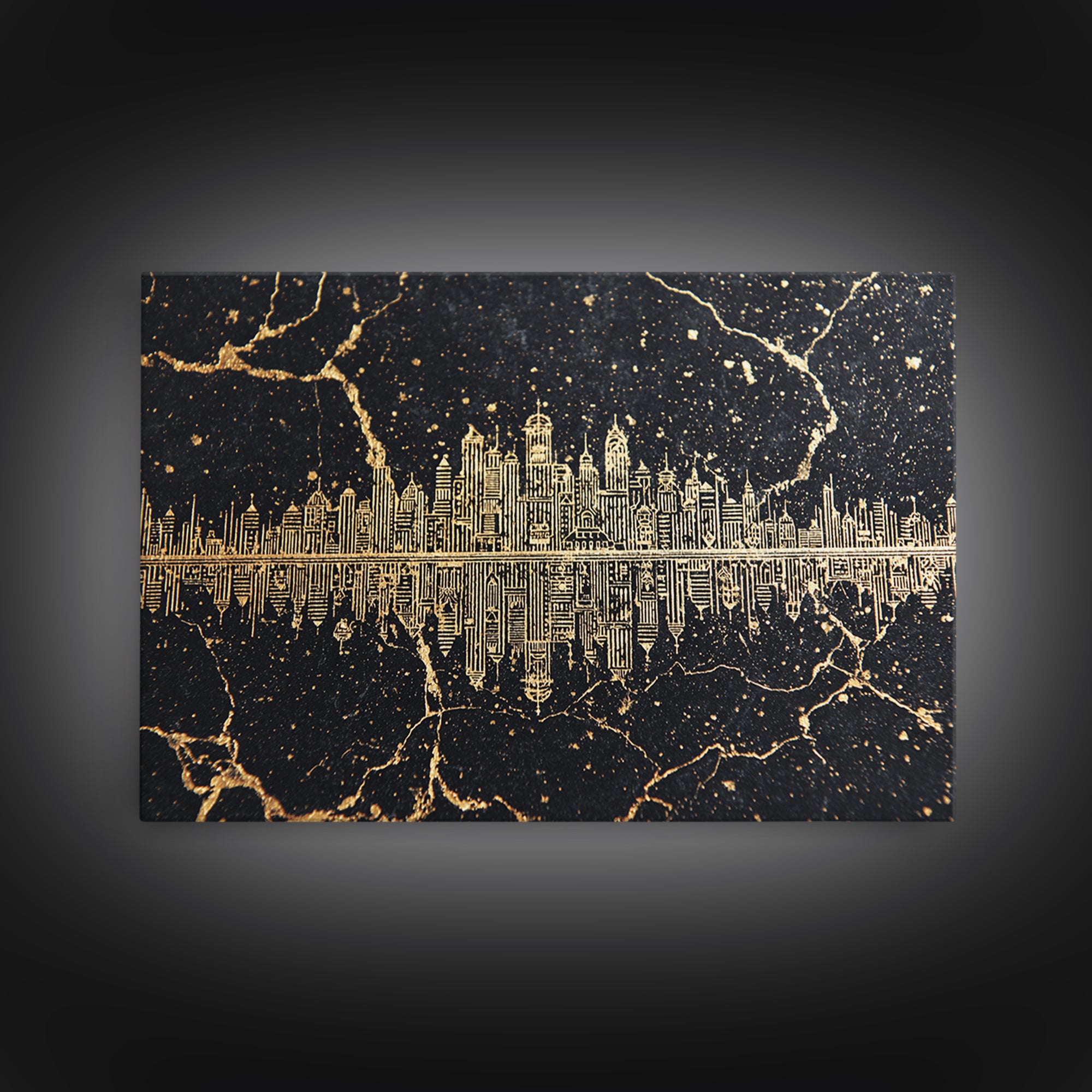 Gold Line Art Skyline Reflected On Black Marble Wall Art, Luxury Canvas Print, Modern Office Decor, Elegant Home Decor Gift