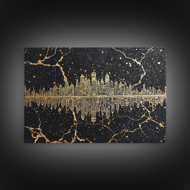Gold Line Art Skyline Reflected On Black Marble Wall Art, Luxury Canvas Print, Modern Office Decor, Elegant Home Decor Gift