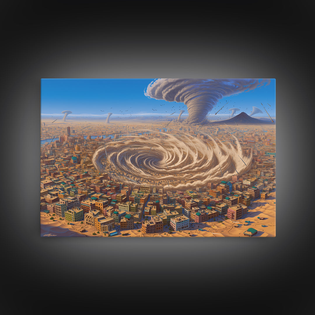 Surreal Desert City With Giant Tornado Storms Canvas Print, African Landscape Wall Art, Sci Fi Home Decor, Statement Gift
