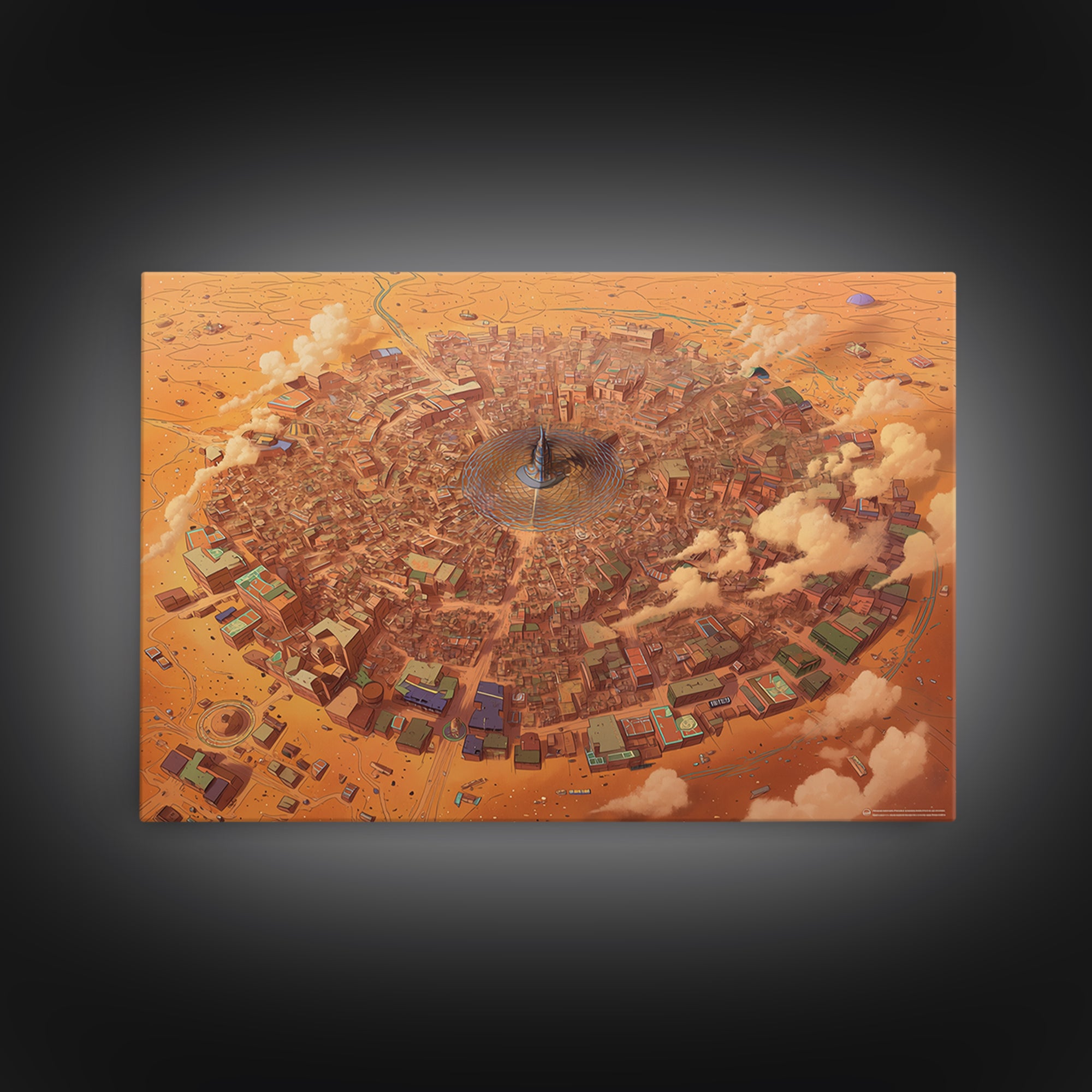 Circular Desert City Around A Central Spire Canvas Print, African Landscape Wall Art, Futuristic Home Decor, Unique Gift