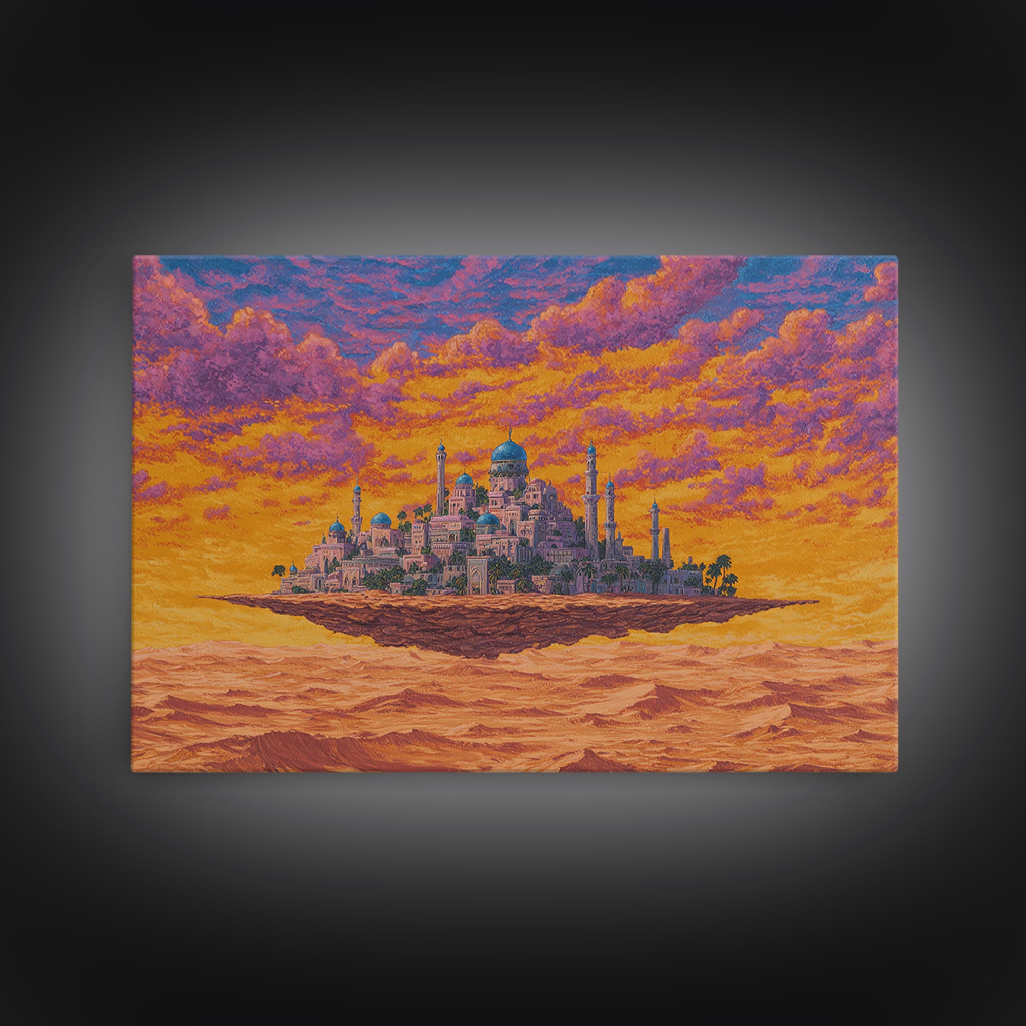 Floating Desert Palace Framed Canvas Print, Orange Sunset Mosque Artwork, African Inspired Travel Decor For Statement Walls