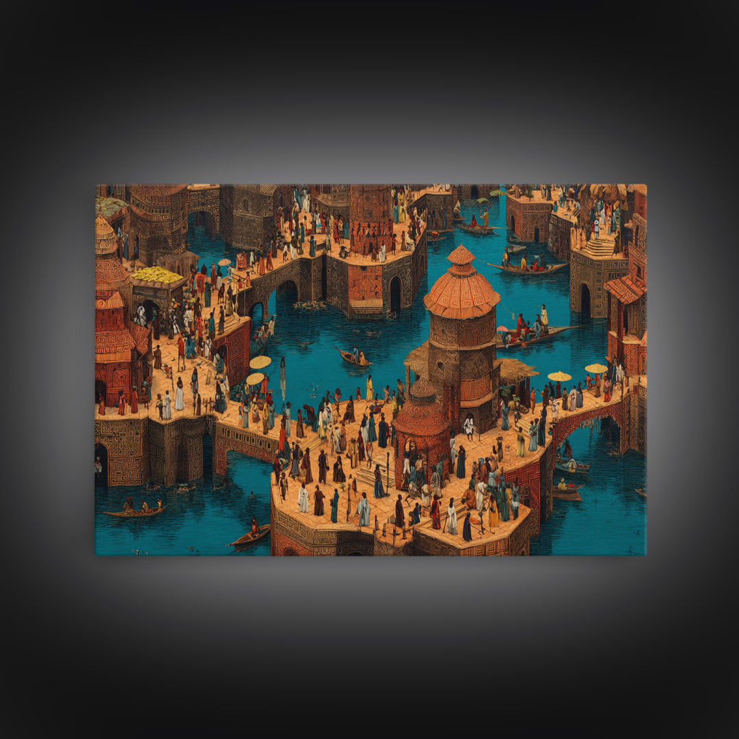 Bustling African Canal Market Wall Art, Crowded Waterfront City Print, Cultural Decor For Living Room Or Office Gallery Wall