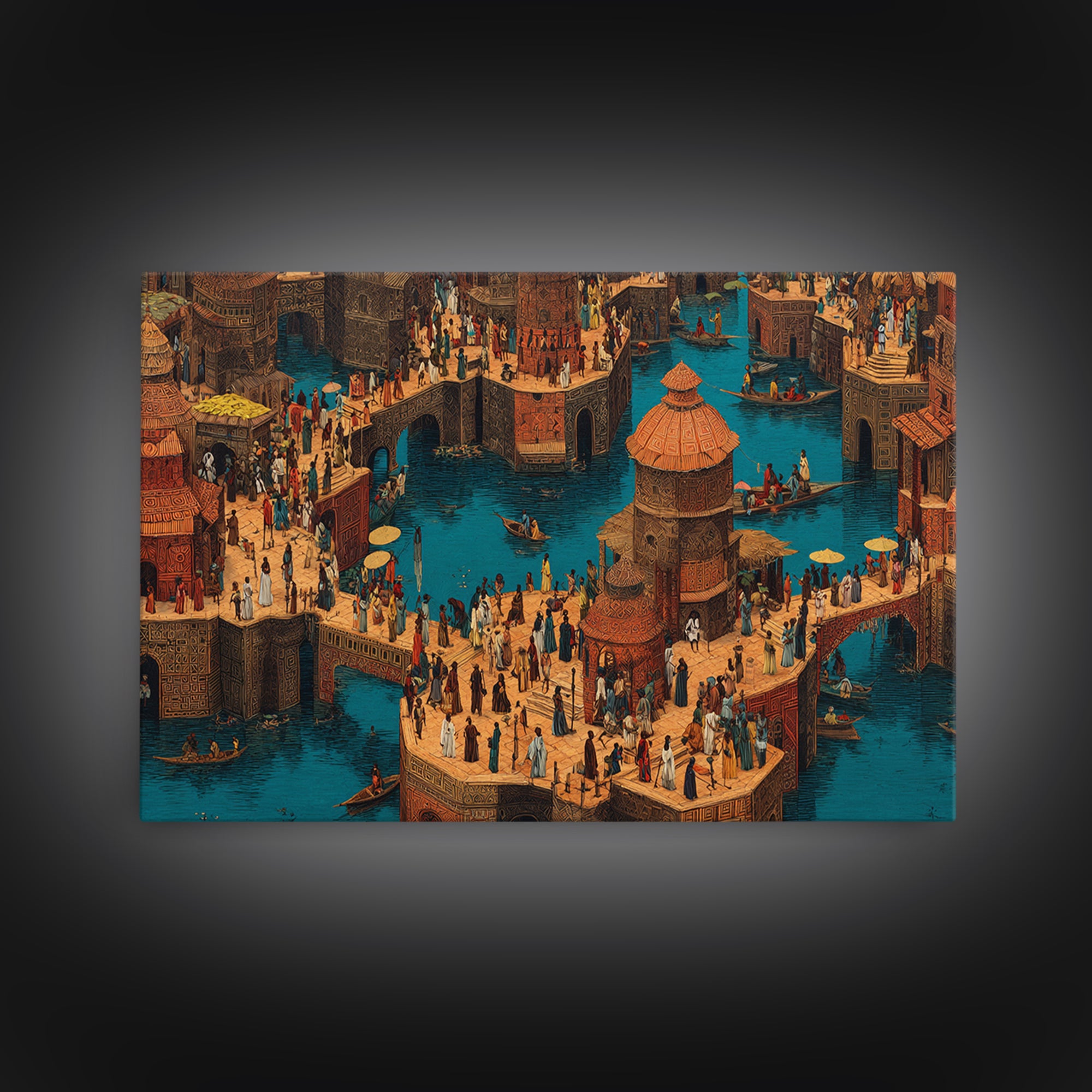 Bustling African Canal Market Wall Art, Crowded Waterfront City Print, Cultural Decor For Living Room Or Office Gallery Wall