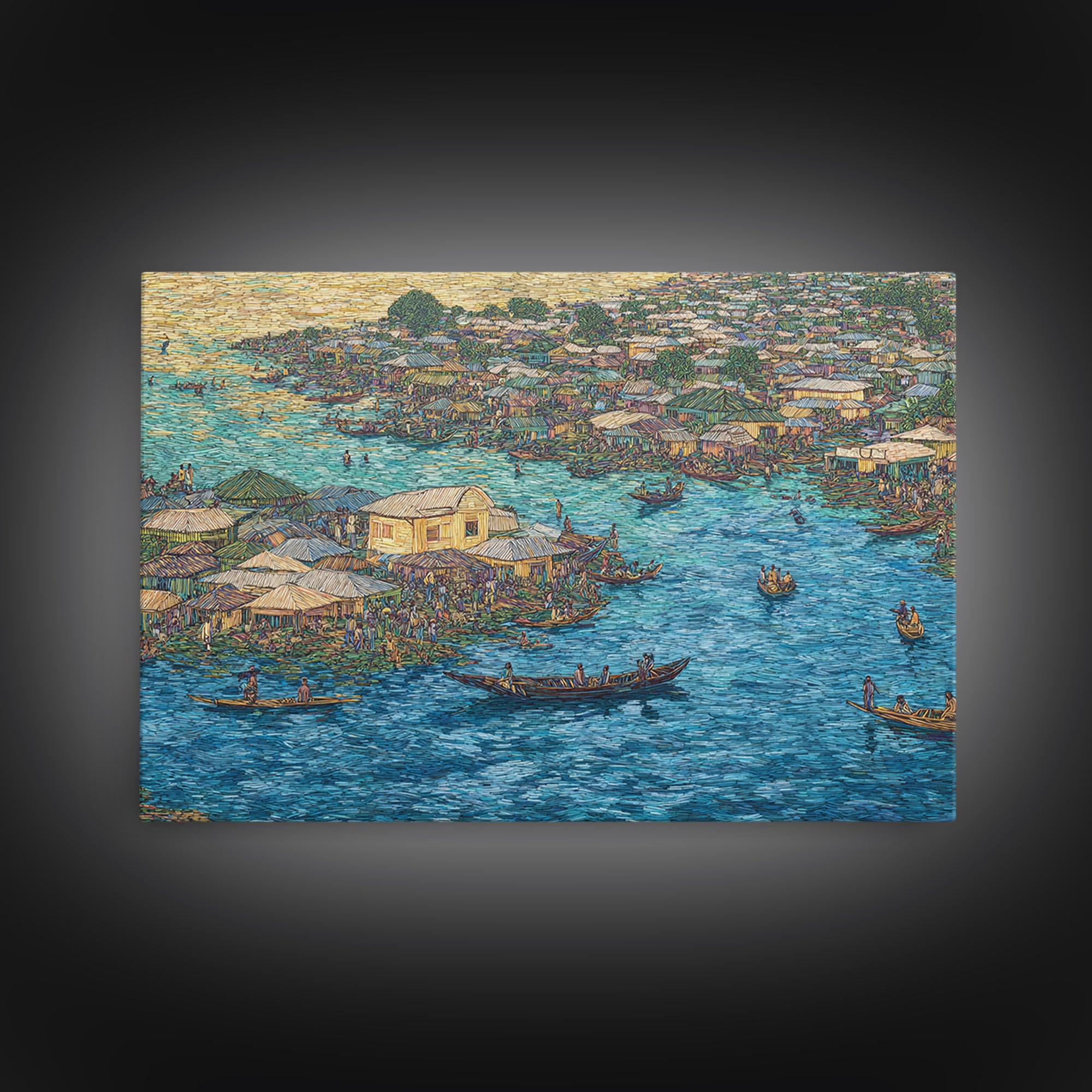 Blue Floating Village Canvas Print, African Coastal Boats And Water Market, Cultural Wall Decor For Living Room Gallery Art