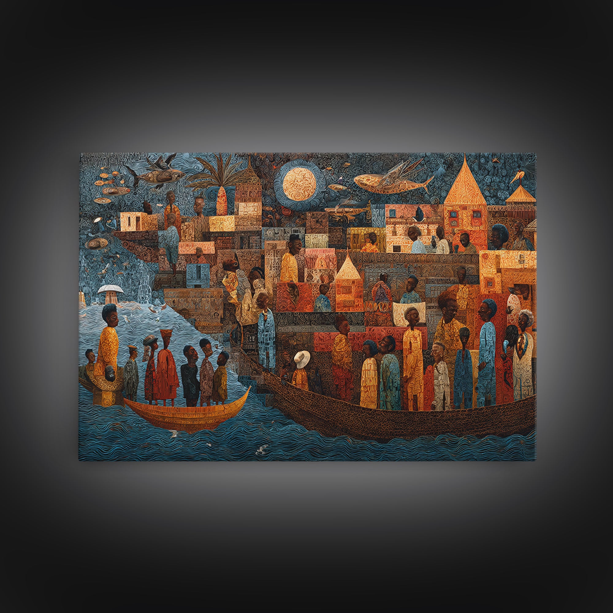 Moonlit African Story Boat Wall Art, Folk Village Figures And Ancestral River, Afrocentric Cultural Decor Canvas Print Gift