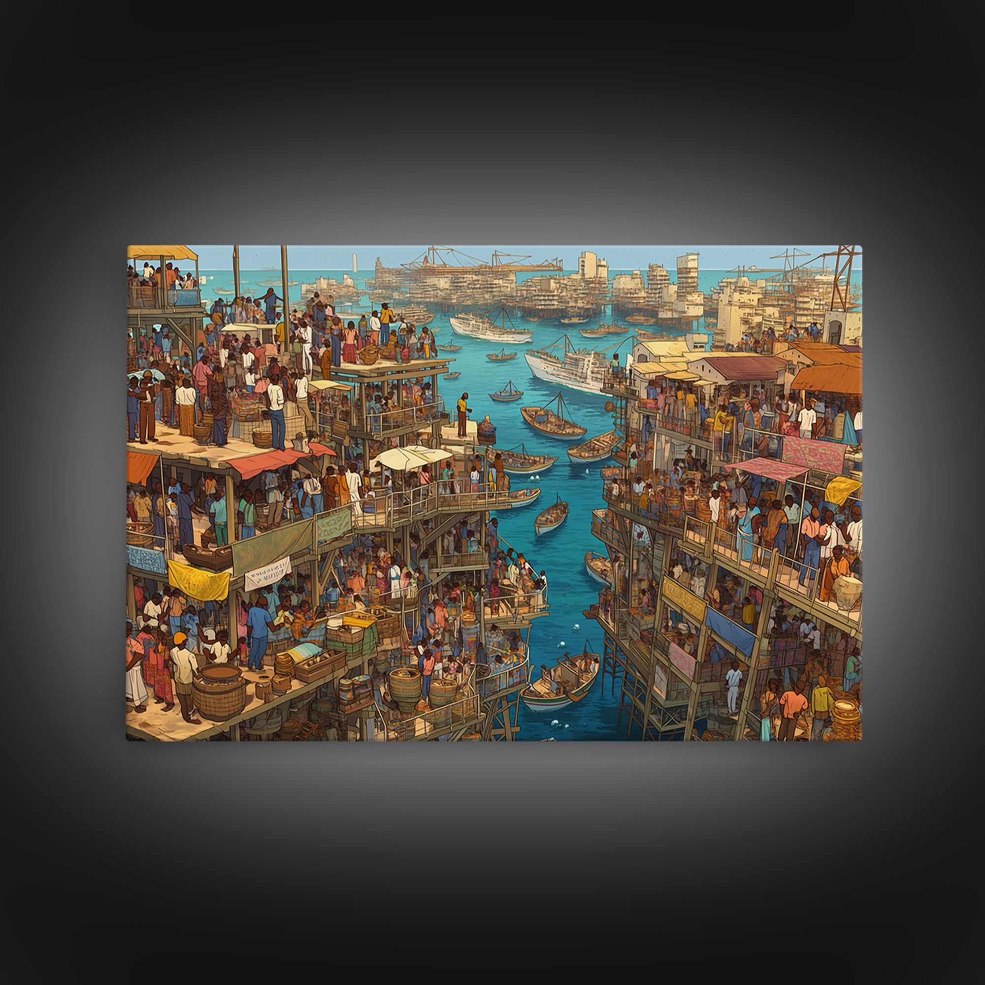 Crowded Coastal Harbor Wall Art, African Waterfront Market City, Detailed Boat Scene For Urban Living Room Decor Canvas Print Gift