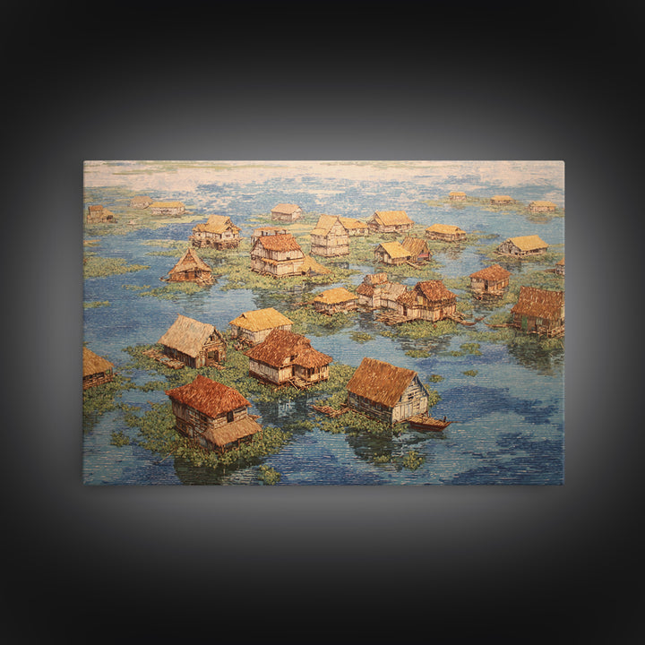Peaceful Stilt Village Framed Canvas Print, Floating Water Houses And Boats, African Coastal Wall Decor For Home Gallery