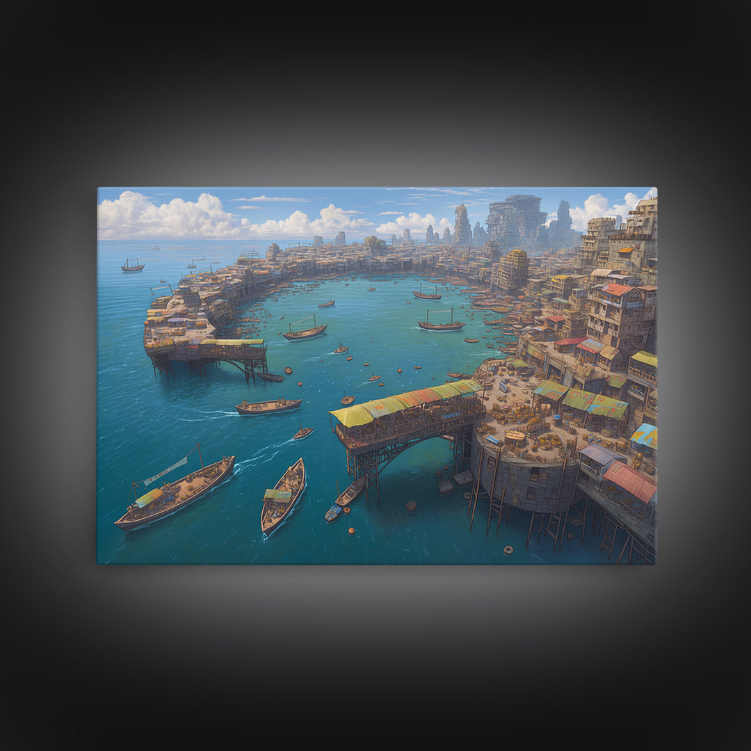 Futuristic African Harbor Canvas Print, Panoramic Coastal City With Boats, Modern Wall Art For Living Room Statement Decor