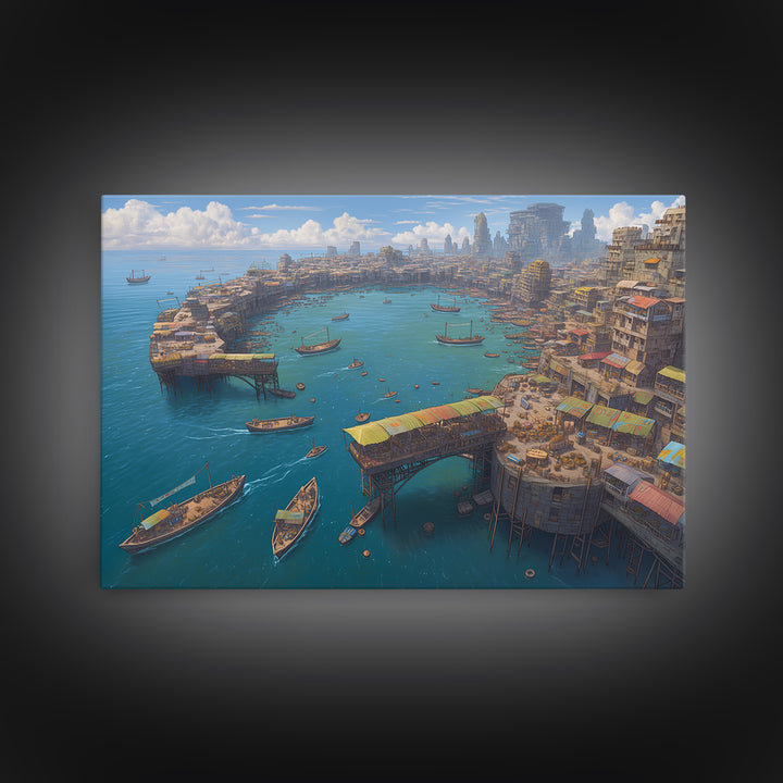 Futuristic African Harbor Canvas Print, Panoramic Coastal City With Boats, Modern Wall Art For Living Room Statement Decor