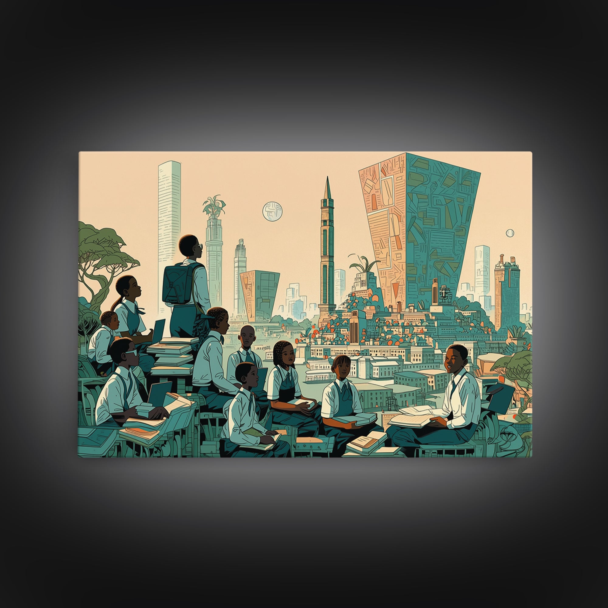 Afrofuturist Classroom Wall Art, African Children Cityscape, Black Education Poster, Modern Culture Home Decor Gift, Canvas Print