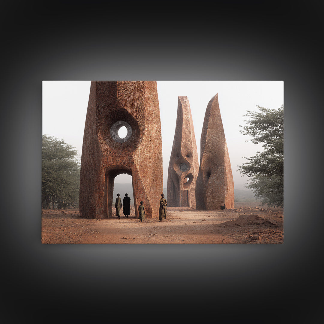 Terracotta Tribal Tower Wall Art, African Sculpture Inspired Architecture, Desert Monument Canvas Print, Bold Home Decor