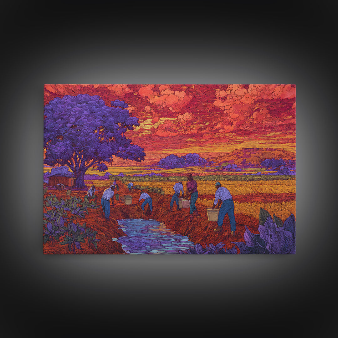 Purple Tree Harvest Wall Art, African Village Landscape, Colorful Sunset Field Painting, Cultural Canvas Print Decor Gift