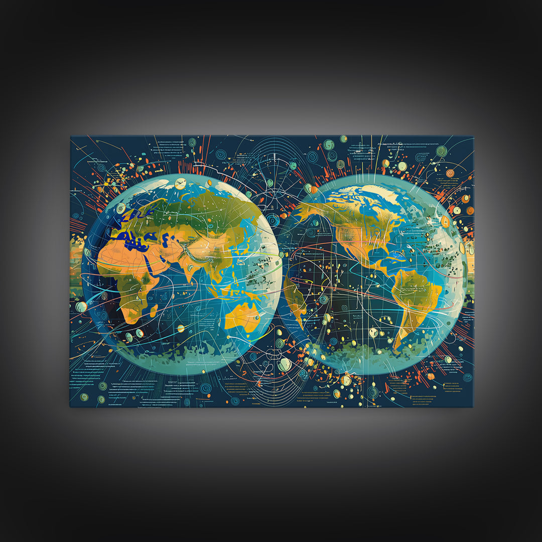Dual Globe World Map Wall Art, Modern Geography Poster, Science Office Decor, Educational Travel Gift For Home And Classroom Decor
